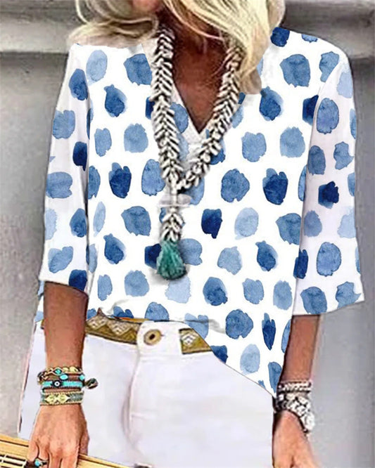 Stylish V-Neck Polka Dot Print Loose Casual Blouses