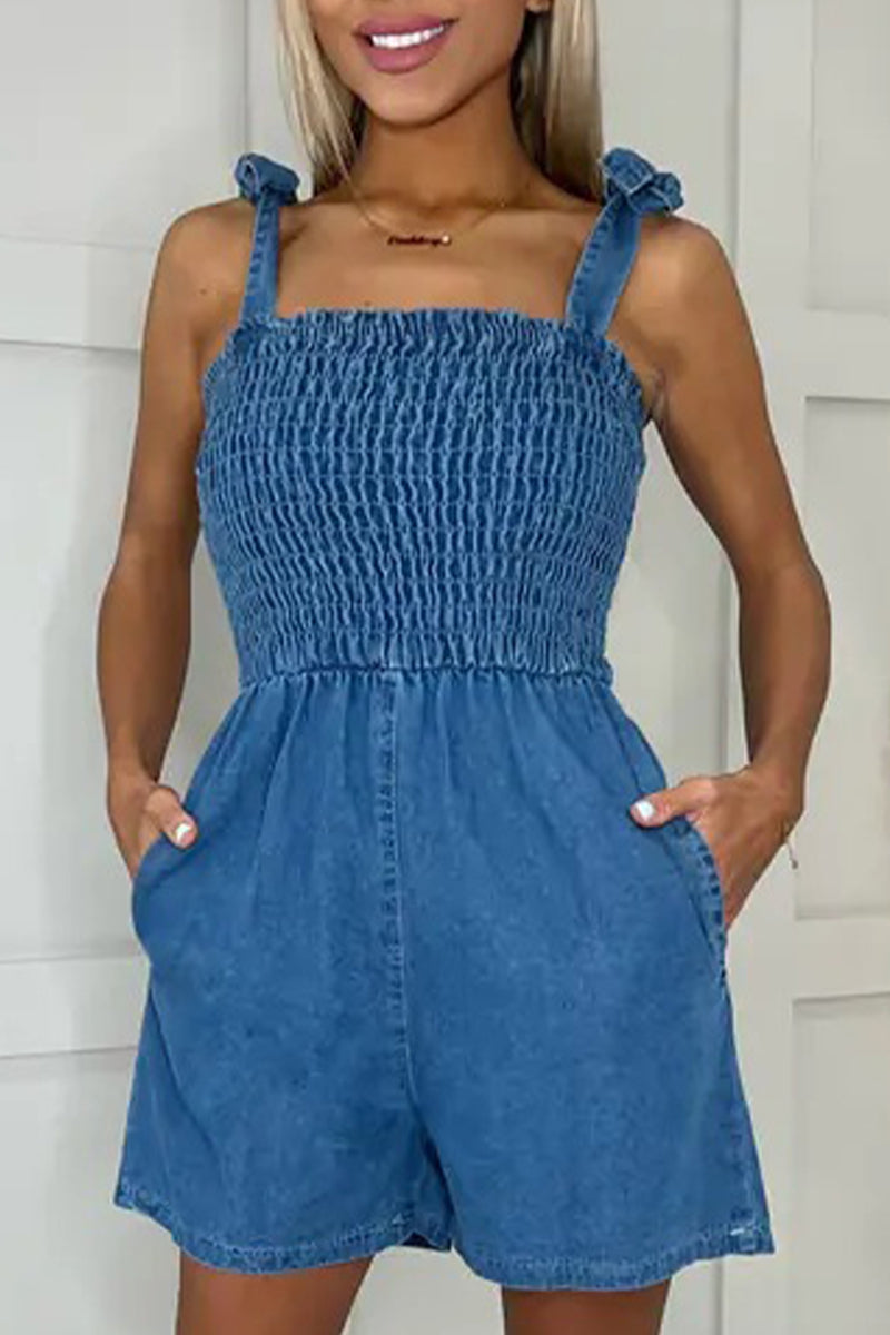 Casual Solid Pocket Square Collar Sleeveless Loose Denim Jumpsuits