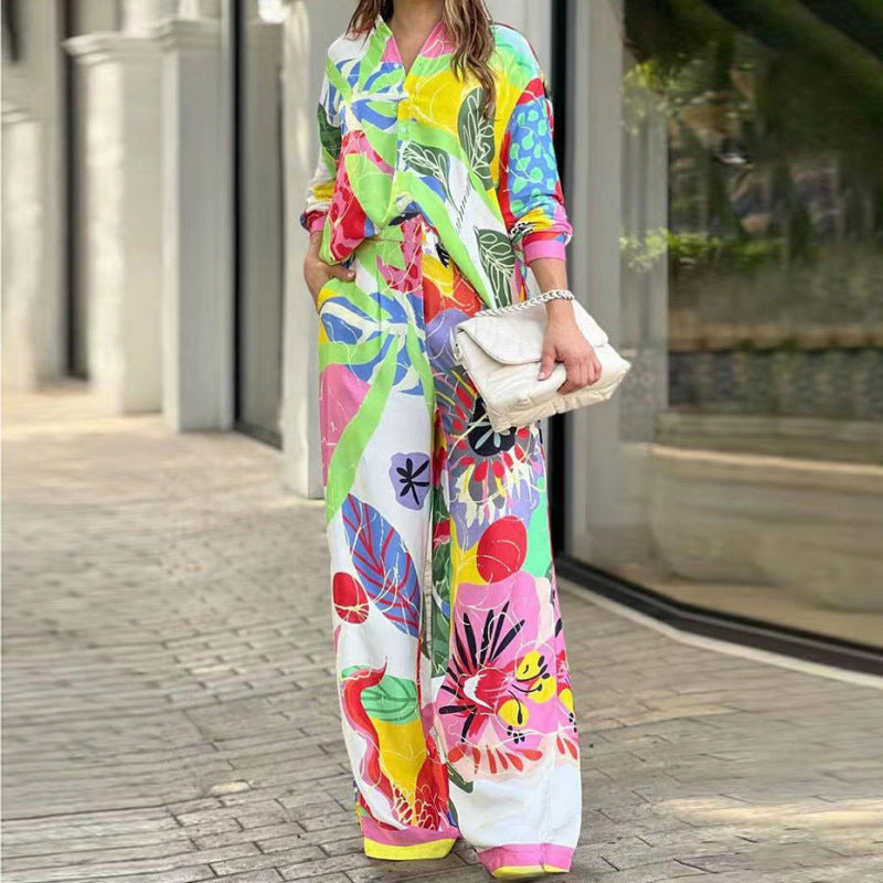 Loose Print Elegant Lapel Single Breasted Top Fashion Wide Leg Pants Two Pieces