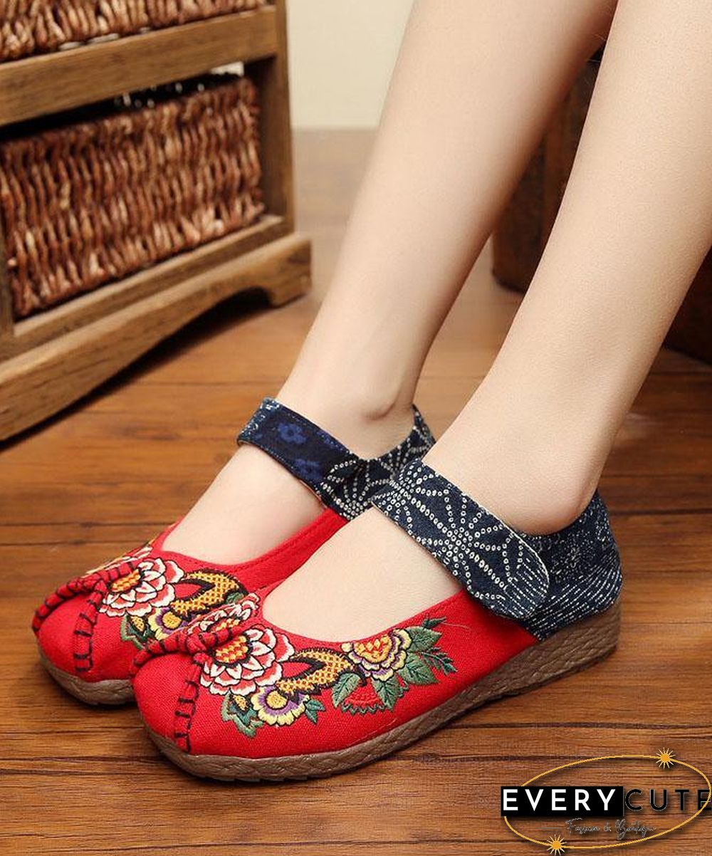 Red Cotton Embroideried Fabric Flat Shoes For Women Splicing Flats