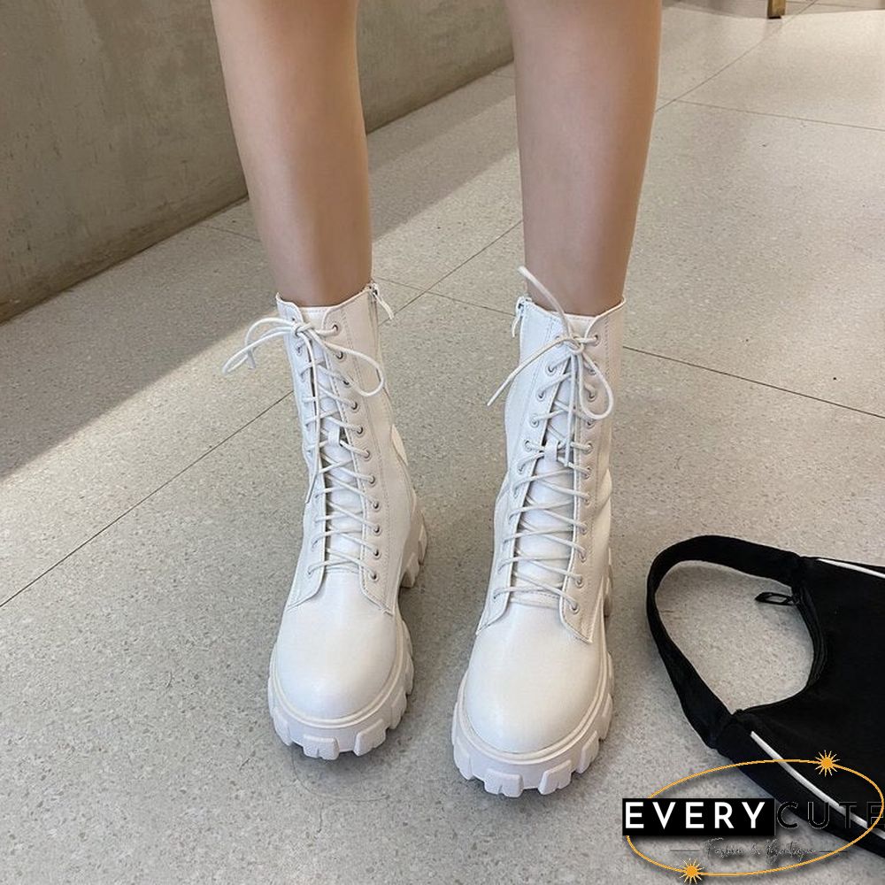 Sping Women White Boots Autumn Fashion Black Leather Platform Gothic Boots Punk Combat Boots For Women