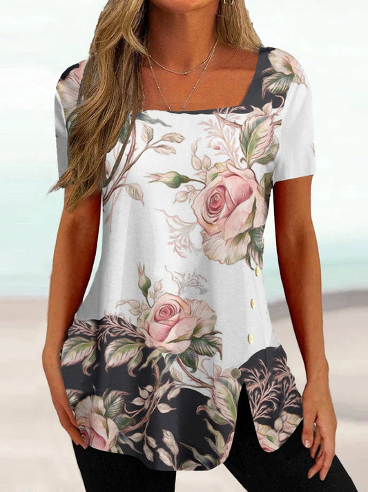 Casual Regular Fit Square Neck Floral T-Shirt  AD695