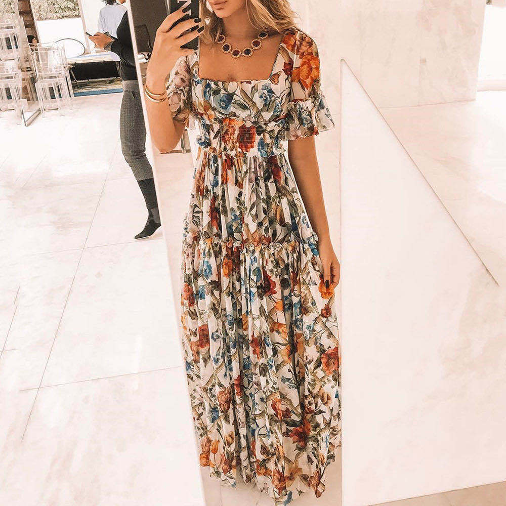 Sexy Short Sleeves Floral Print Off Shoulder Maxi Dress