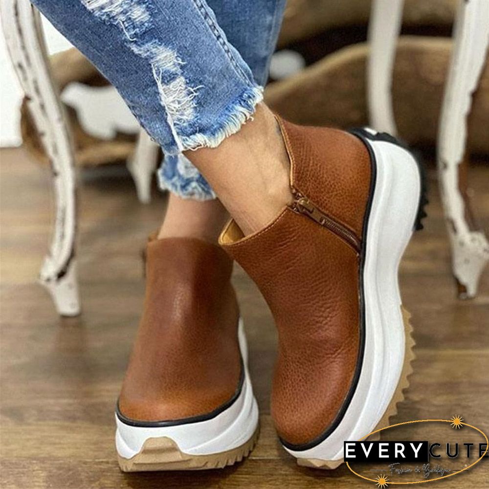 Women's Ankle Boots Casual Leather Round Toe Side Zipper Ladies Platform Shoes for Women Female Footwear Botas De Mujer