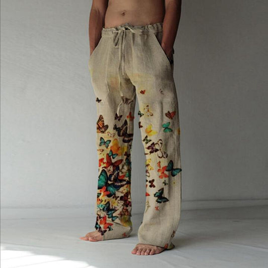 Men's Cotton Linen Casual Butterfly Print Pocket Loose Sweatpants