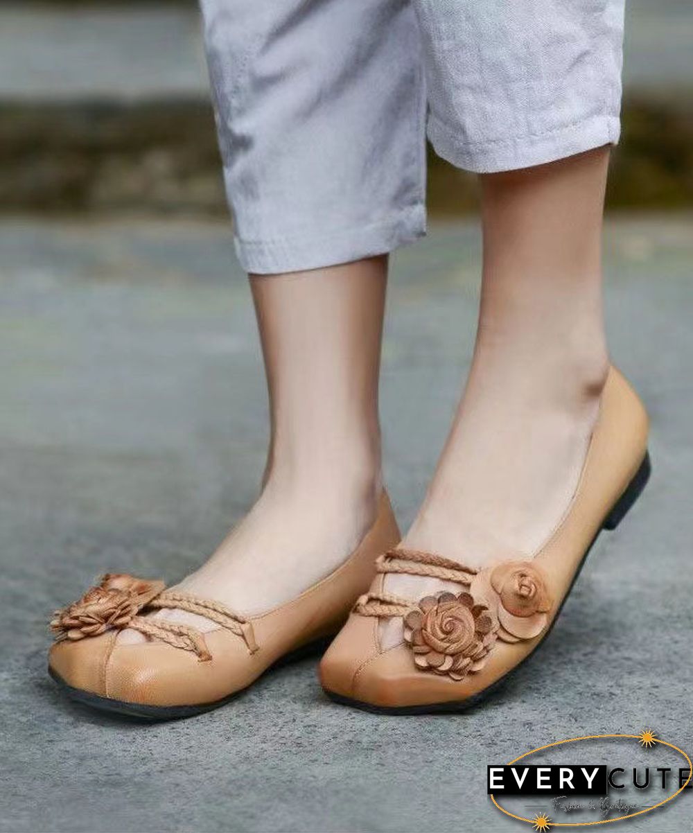 Khaki Floral Flat Shoes For Women Splicing Flat Feet Shoes