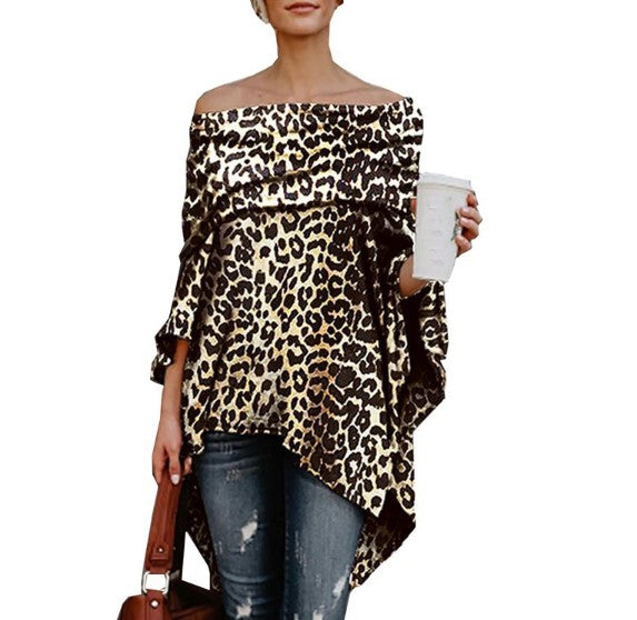 Off Shoulder Leopard Printed Asymmetric T-Shirts