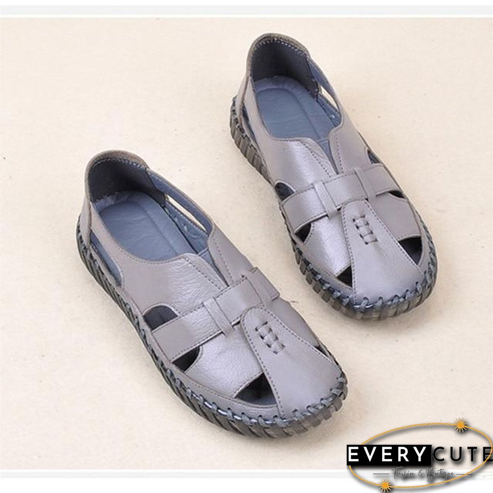 Women Genuine Leather Handmade Sandals Retro Style Mother Flats Shoes