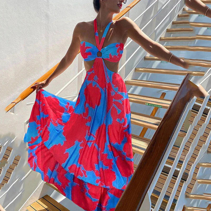 Sexy Cutout Sleeveless Beach V Neck Halter Vacation Dresses