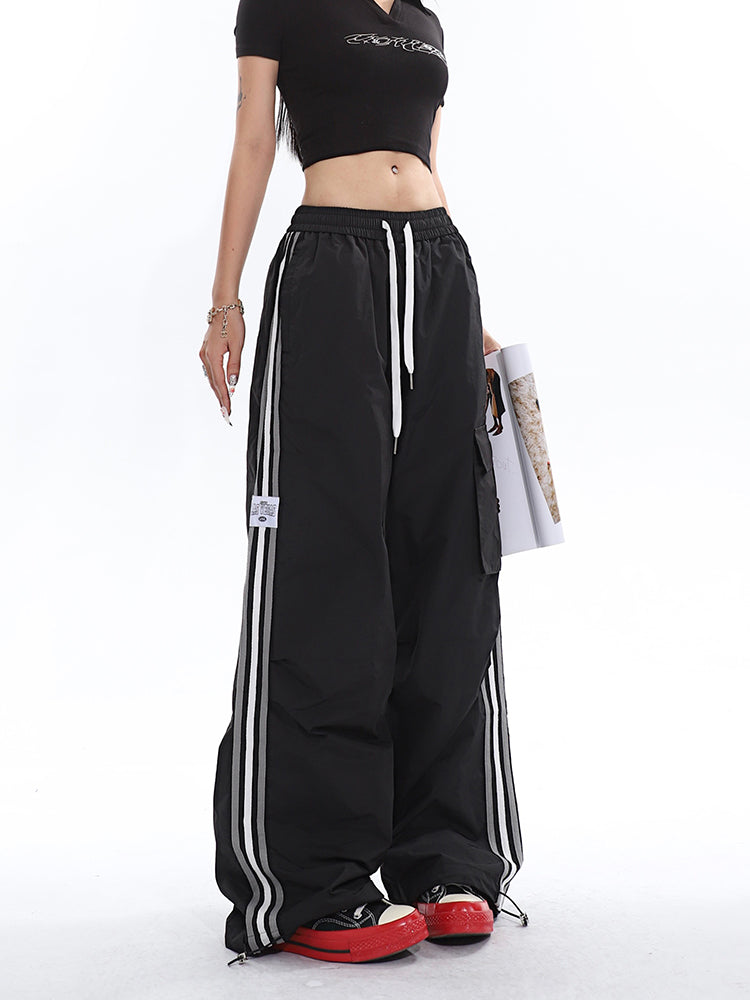 Polly Solid Color White & Red Side Striped Retro High Waist Straight Leg Baggy Cargo Pants