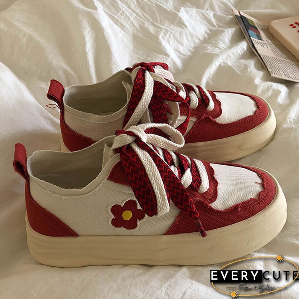 Little Red Flower Colorblock Canvas Shoes