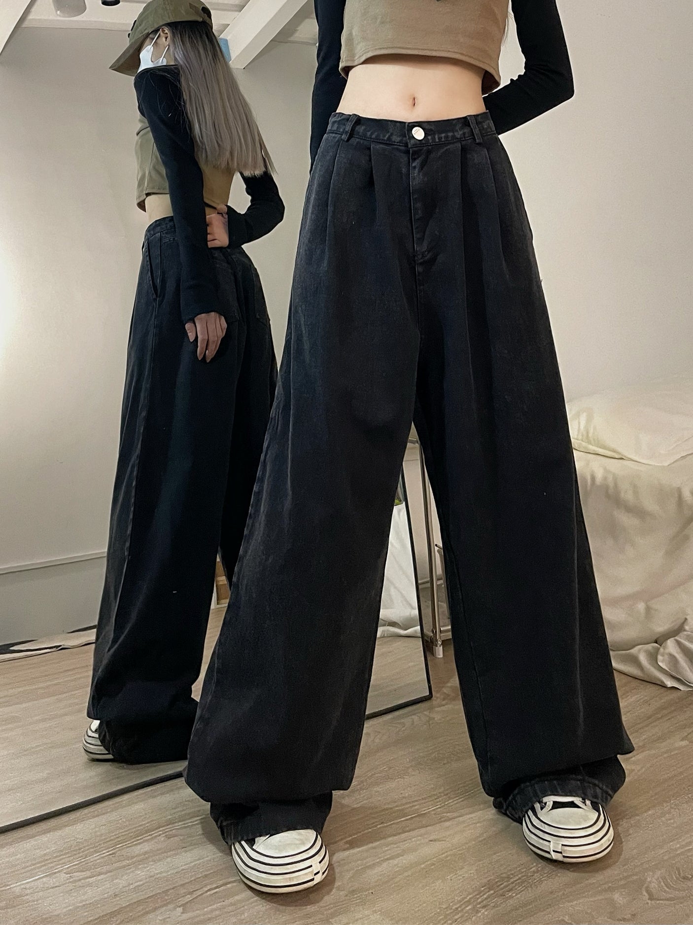 Shannon Solid Color Retro Denim High Waist Straight Wide Leg Loose Casual Jeans Pants