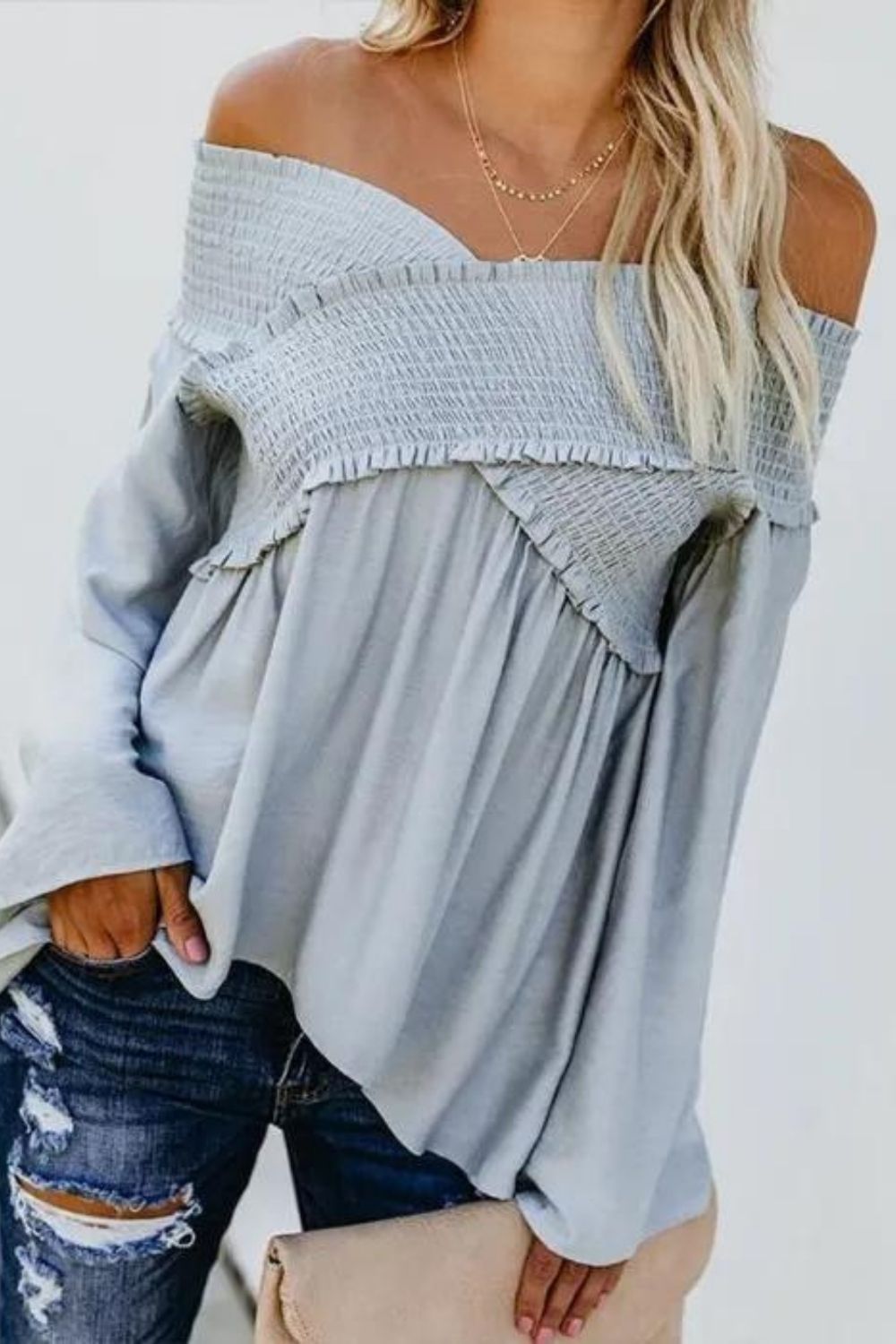 Elastic Off Shoulder Long Flare Sleeve Plain Pleated Loose T-Shirts