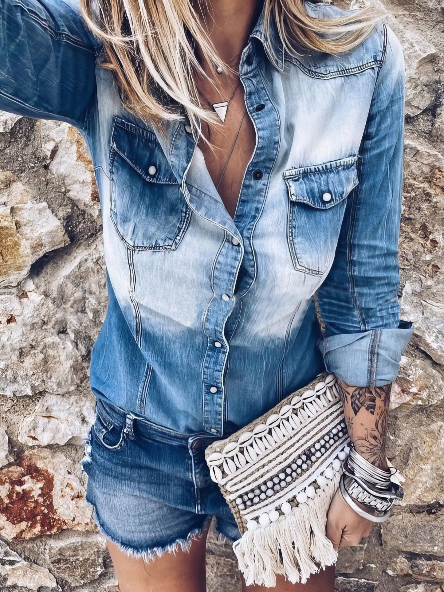 Retro Wash Pocket Long Sleeve Denim Blouse Coat