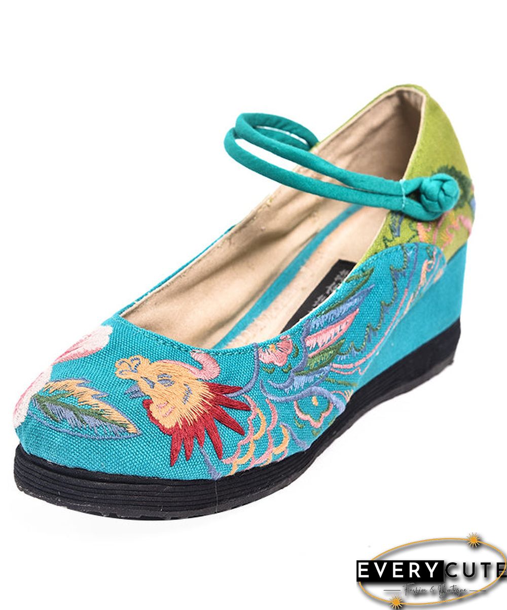 Blue High Wedge Heels Shoes Wedge Cotton Fabric Handmade Embroideried Patchwork Buckle Strap High Wedge Heels Shoes