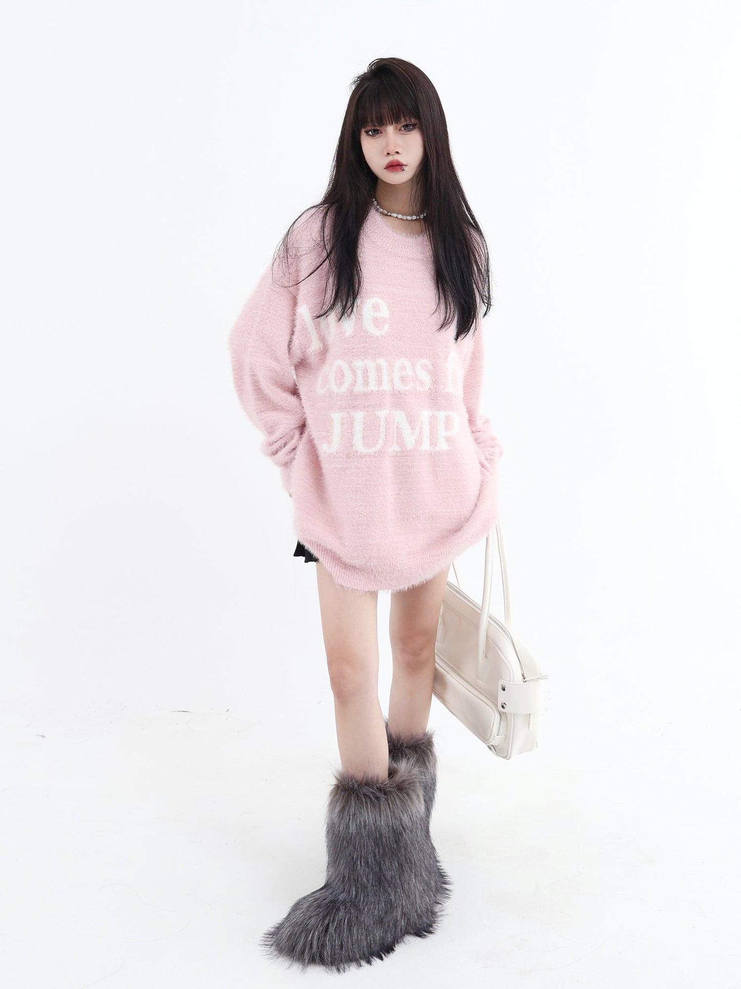 JUMPNEXT Letter Logo Jacquard Knit Crewneck Long Sleeve Sweater