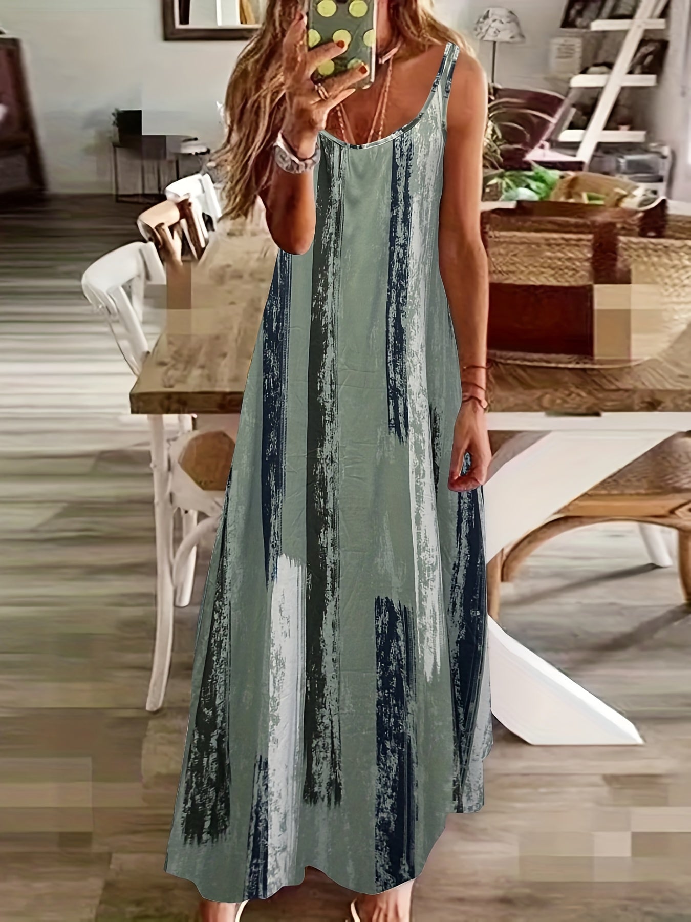 Plus Size Casual Dress, Women's Plus Painting Print Round Neck Slight Stretch Maxi Tank Dress