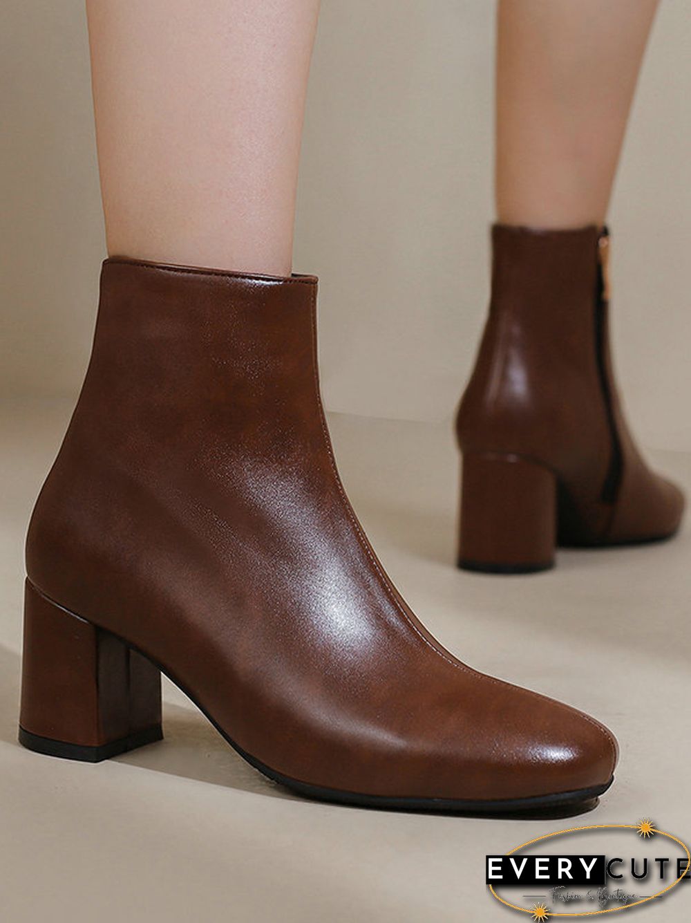 Round-Toe Split-Joint Zipper Boots Pumps