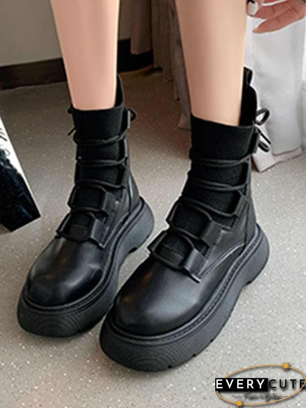 Lace-Up Round-Toe Solid Color Split-Joint Boots Dr. Martens Boots Platform Shoes