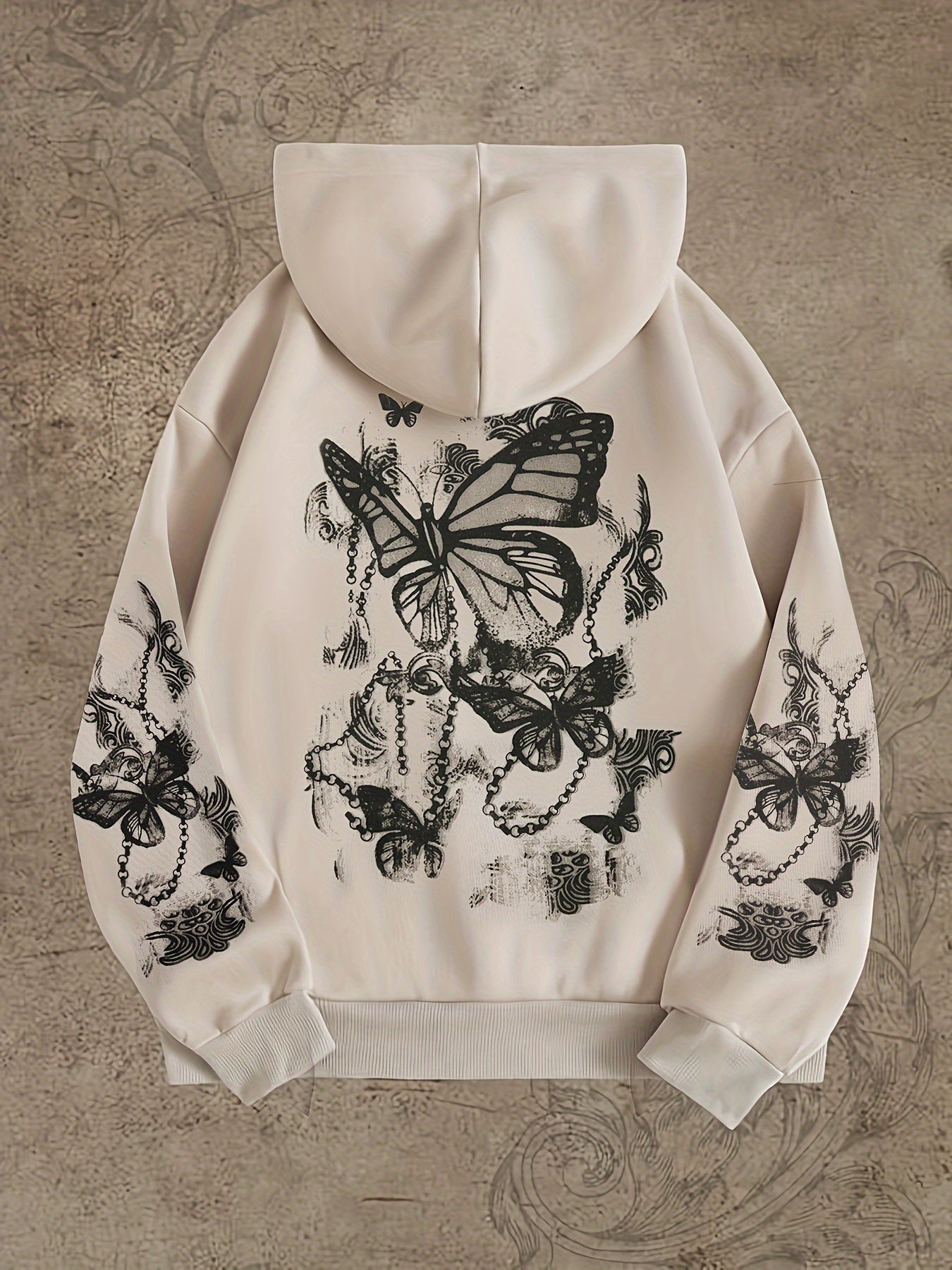 Butterfly Print Kangaroo Pocket Hoodie, Casual Long Sleeve Drawstring Hoodies Sweatshirt, Women's Clothing