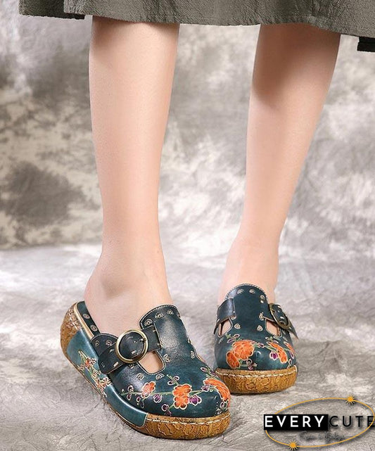 Unique Embossed Platform Slippers Shoes Blue Cowhide Leather