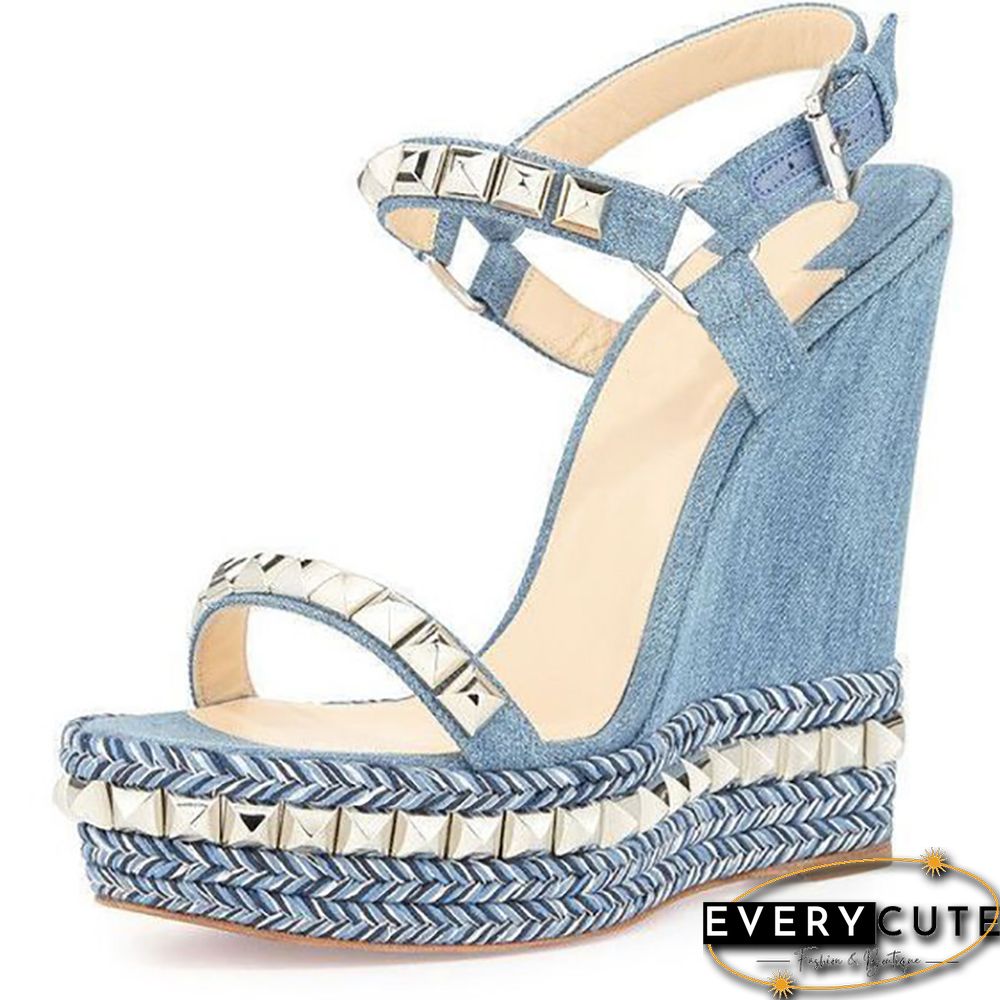 Rivet Wedges Sandals Waterproof Super High Heel Summer Women Shoes Ankle Buckle Round Open Toe Cut Out Silver Sandals