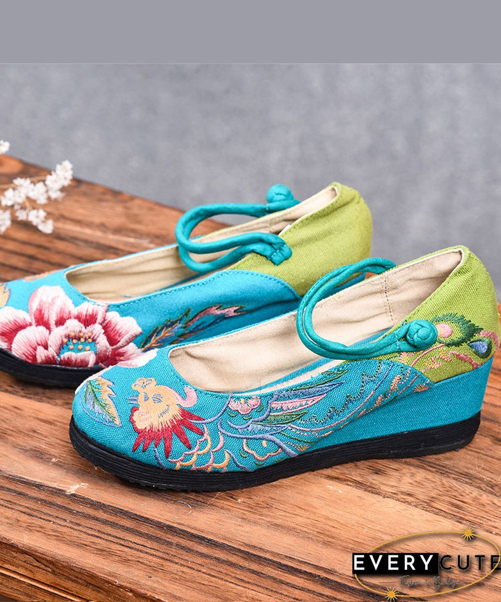 Blue High Wedge Heels Shoes Wedge Cotton Fabric Handmade Embroideried Patchwork Buckle Strap High Wedge Heels Shoes