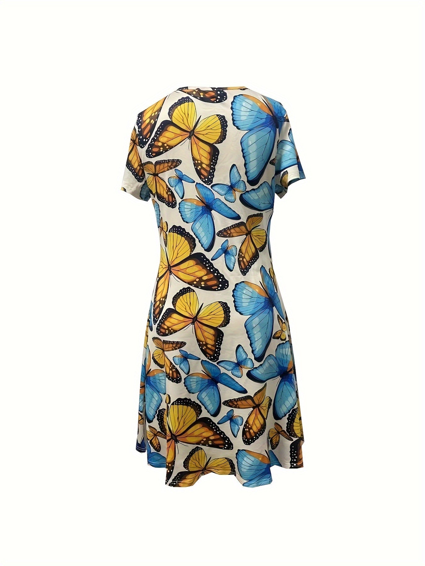 Butterfly Print V Neck Dress, Elegant Short Sleeve Dress For Spring & Summer, Women's Clothing