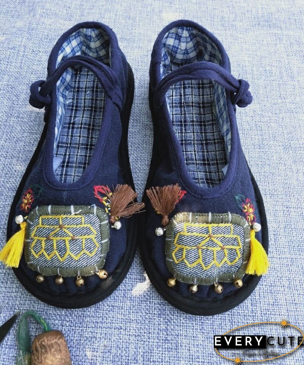 Handmade Navy Tassel Splicing Women Cotton Fabric Flat Feet Shoes