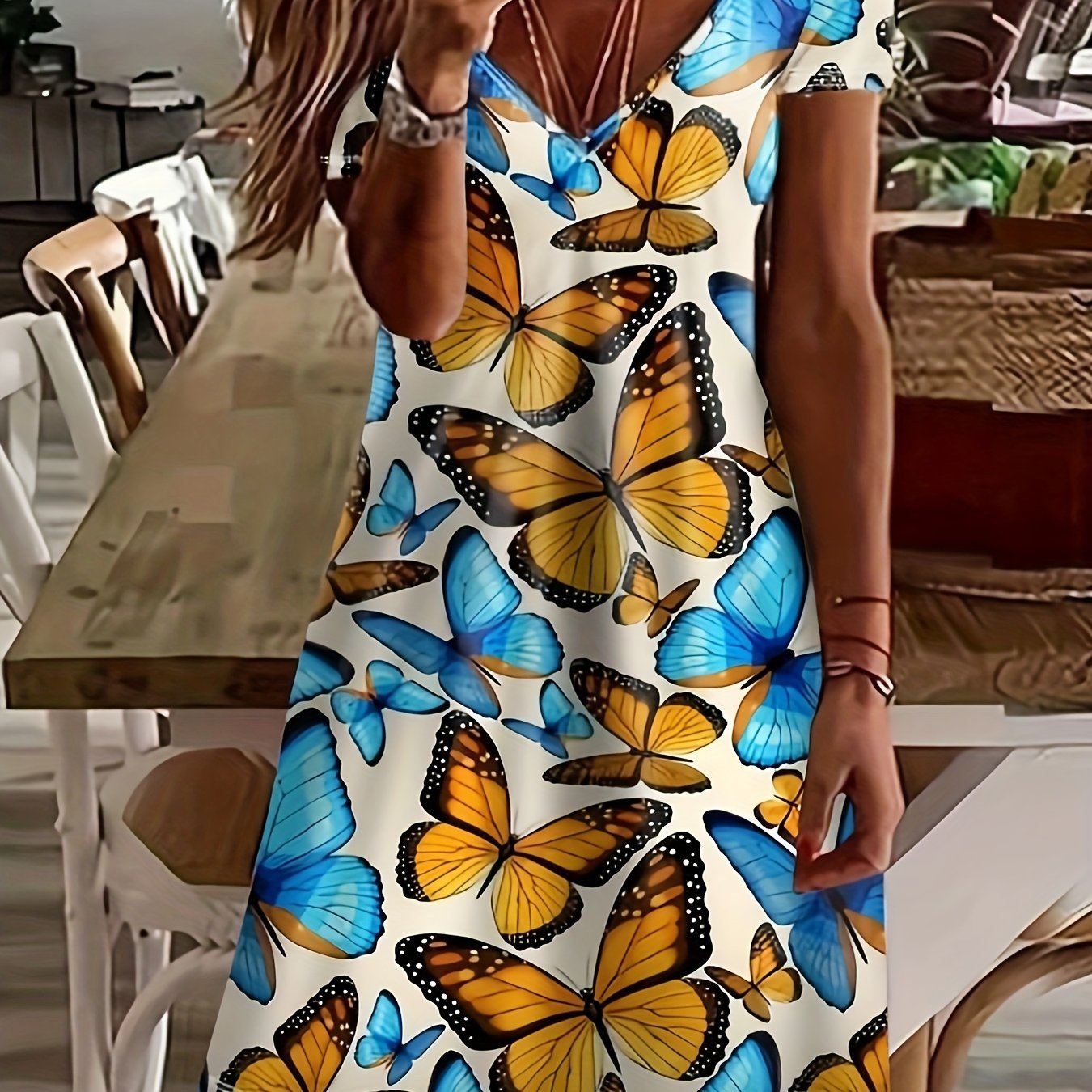 Butterfly Print V Neck Dress, Elegant Short Sleeve Dress For Spring & Summer, Women's Clothing