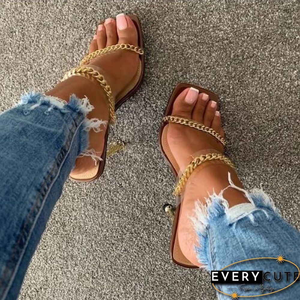 Summer Women Sandals Square Toe Ladies Heel Mules Clear PVC Transparent High Heels Slippers Female Fashion Chain Shoes Woman