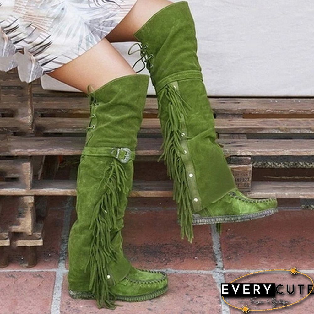 Winter Women Faux Suede Tassel Boots Fashion Ethnic Fringe Boho Long Boots Flat Heel Knee High Boots