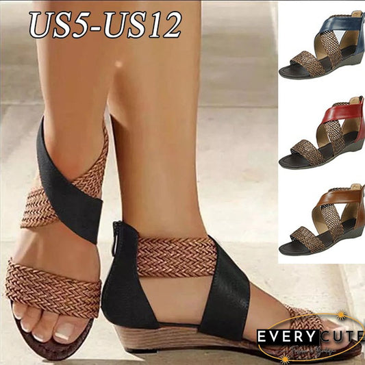 Women Summer Sandals Mid Heels Wedges Shoes Woman Vintage PU Zipper Retro Sandal Ladies Open Toe Fashion Casual Shoe