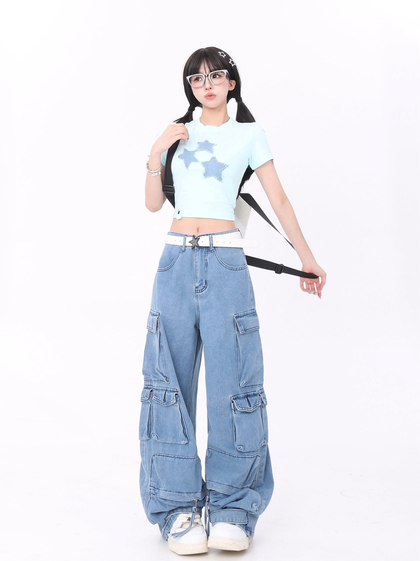 Barbie Pink Denim Multipocketed High Waist Straight Leg Jeans Cargo Pants