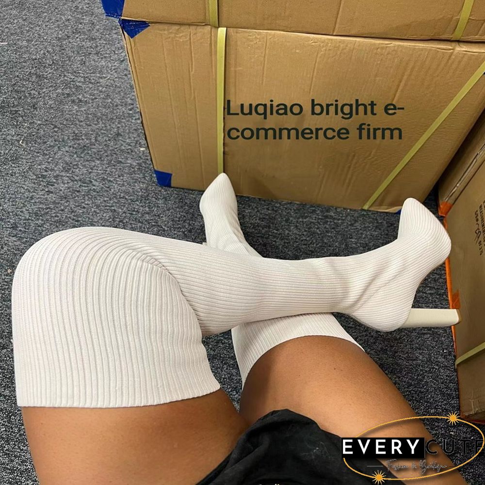 Autumn And Winter Pointed Toe Thick Heeled Knitted Knee High Boots