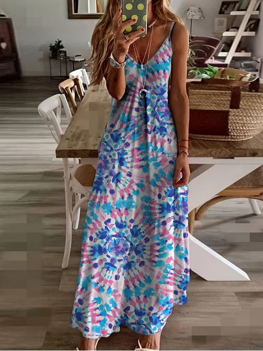 Plus Size Casual Dress, Women's Plus Painting Print V Neck Slight Stretch Cami Maxi Dress