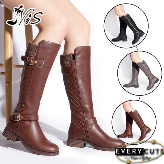 Nis Women Autumn Winter Shoes Flat Heel Solid Color Long Boots Knee High Ladies Boots Leather Casual Flats Boot Shoes Outdoor Non-Slip Booties