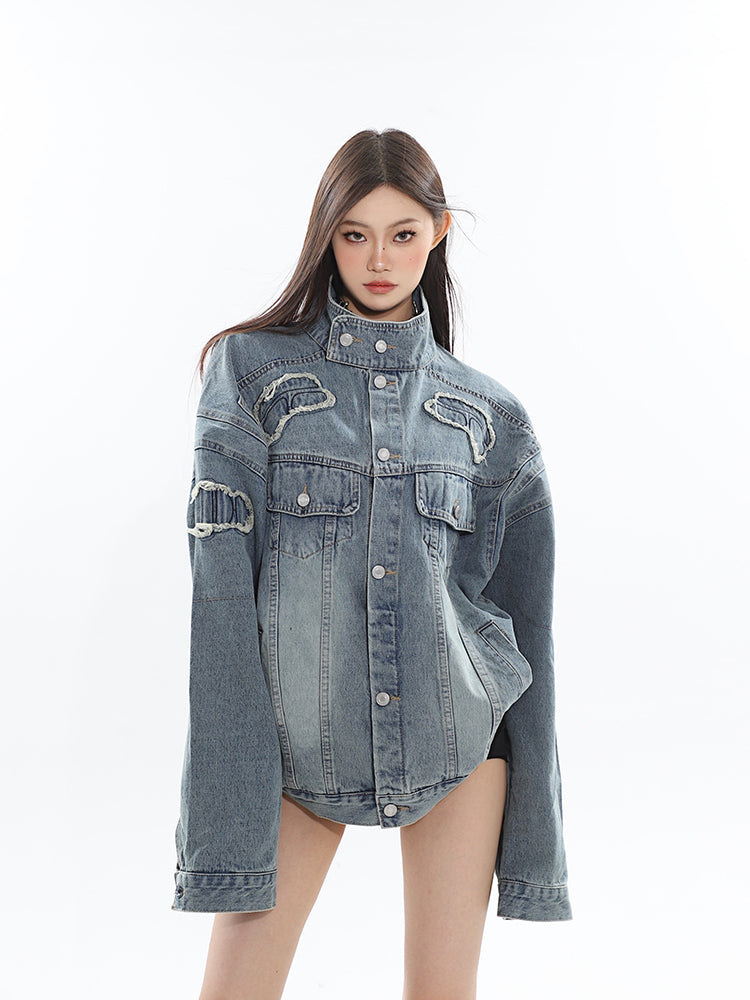 Louis Washed Denim Blue Patchwork Long Sleeve Button Up Turtleneck Jean Jacket