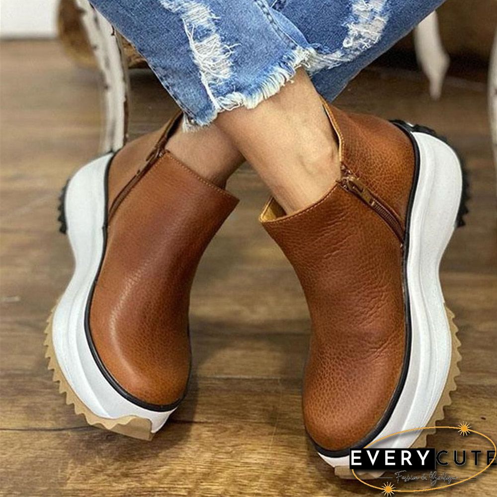 Women's Ankle Boots Casual Leather Round Toe Side Zipper Ladies Platform Shoes for Women Female Footwear Botas De Mujer