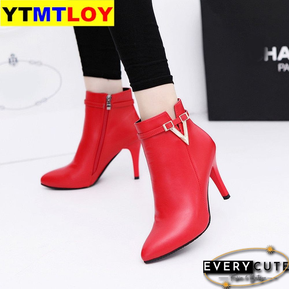 New Women Boots Ankle PU Leather Zipper Booties High Heels Autumn Shoes Black Winter Boots Zapatos De Mujer Pointed Toe