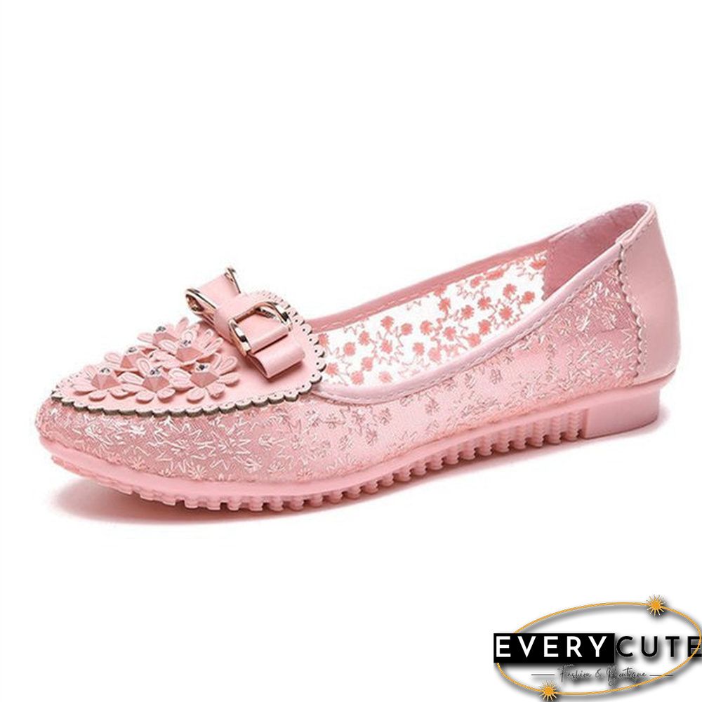 Women's Elegant Applique Bowknot Decor Lace Split Joint Flat Shoes