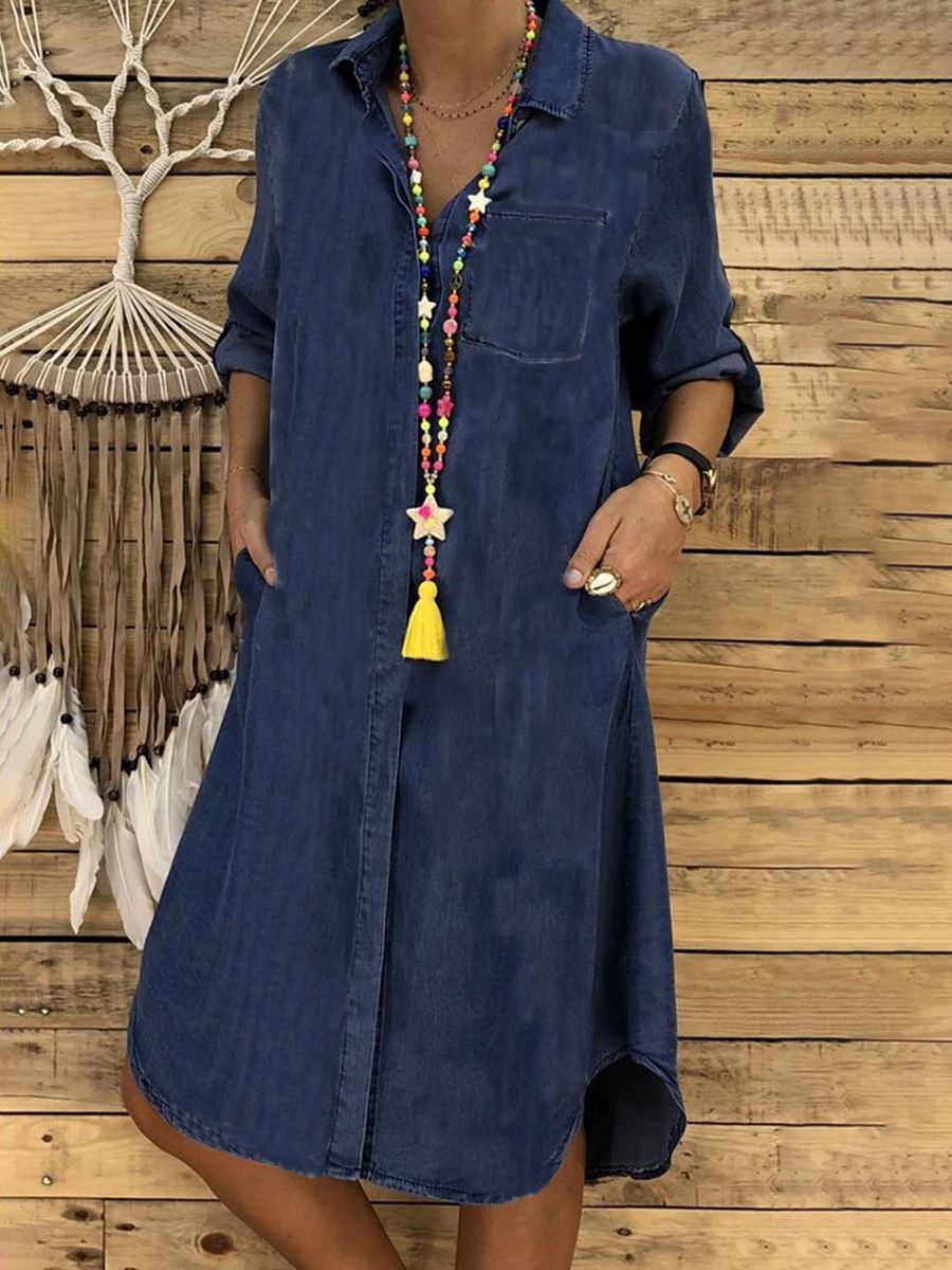 Fashion Solid Color Lapel Long Sleeve Loose Denim Casual Dress