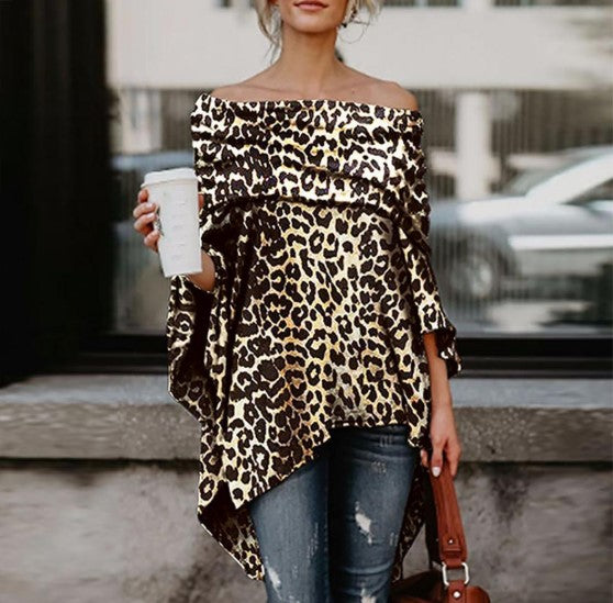 Off Shoulder Leopard Printed Asymmetric T-Shirts