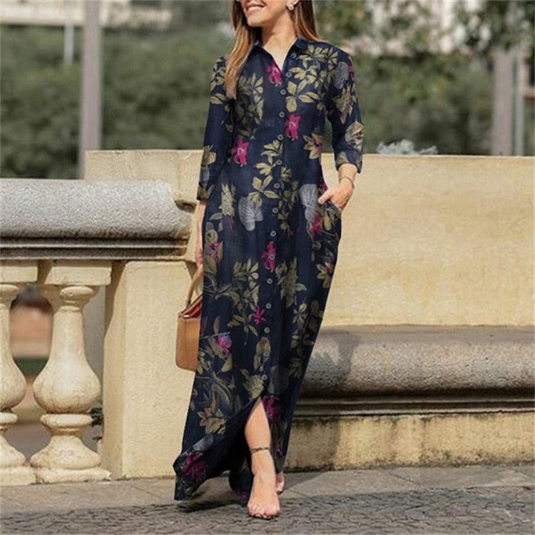 Women's Pleated Shirt Casual Lapel Print Party Maxi Dress