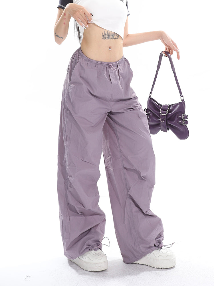 Sofia Solid Color High Waist Straight Leg Drawstring Baggy Loose Parachute Cargo Pants