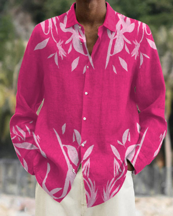 Men's Rose Red Vegetal Print Long Sleeve Casual Shirt