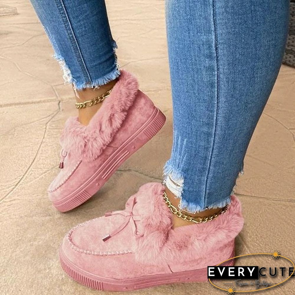 New Women Bowknot Suede Faux Fur Moccasin Shoes Warm Lightweight Slippers Non-Slip Platform Shoes Winter Cute Soft Snow Boots Casual Suede Flat Plush Shoes Comfortable Wearing Tenis Feminino