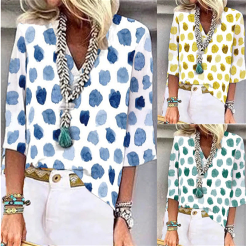 Stylish V-Neck Polka Dot Print Loose Casual Blouses