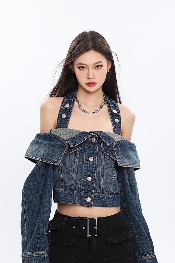 Seanna Denim Blue Spice Neck Off-the-Shoulder Halter Loose Cropped Jacket Top