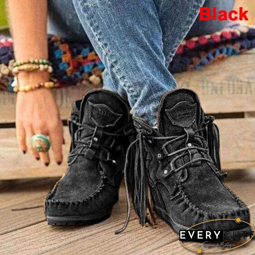 NEW Women Ankle Boots Retro Medieval Suede Faux Leather Tassel Round Toe Mid-Century Suede Faux Leather Casual Shoes